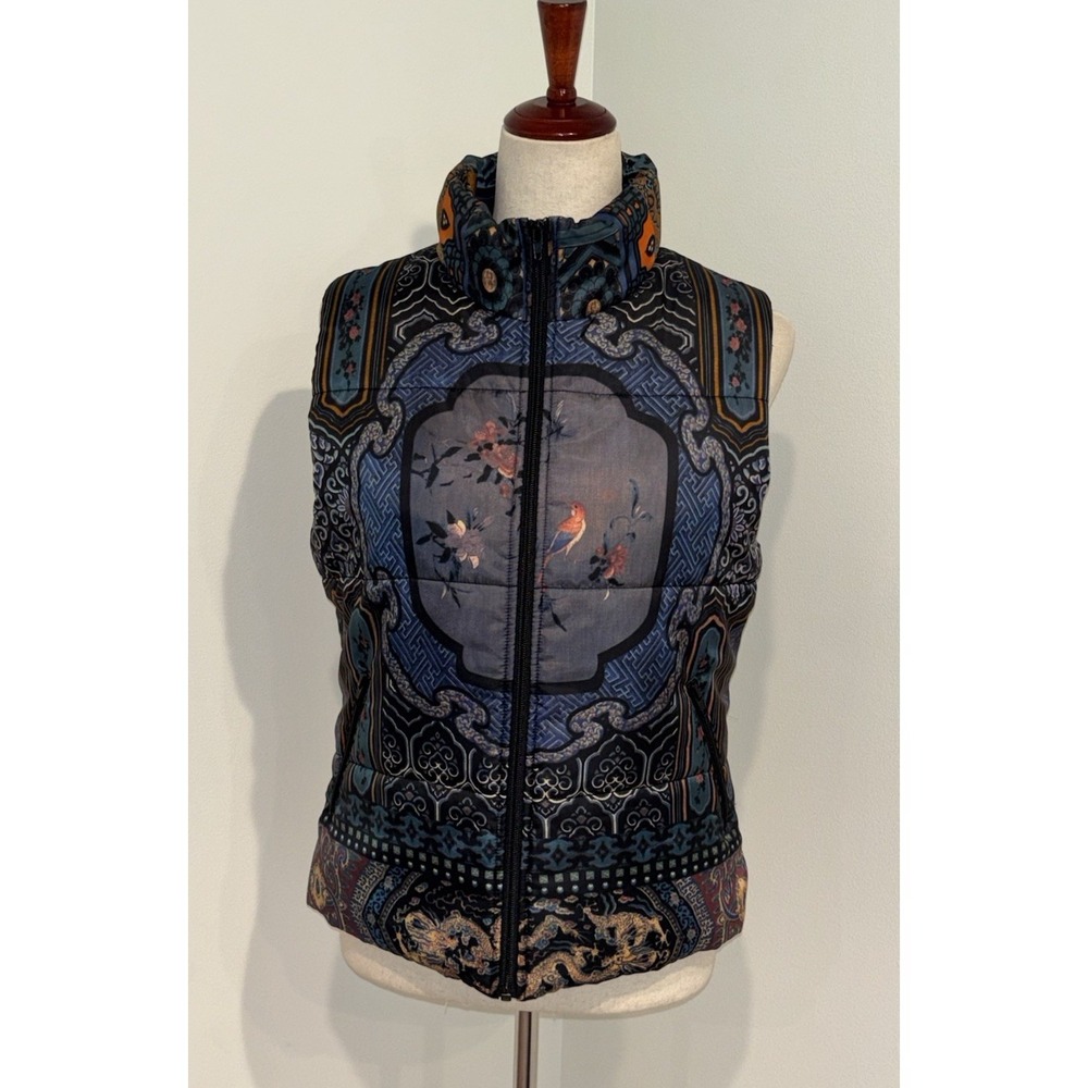 Vintage Rare Y2K Vivienne Tam Puffer Vest Multi Color Lotus Bird Floral Spring 3